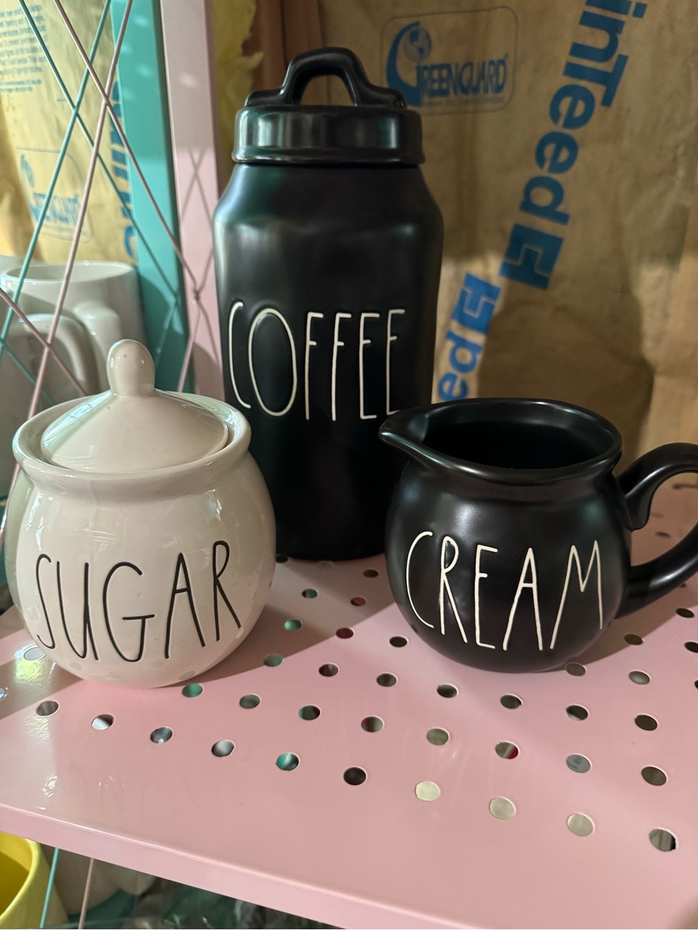 Rae Dunn Black Coffee Canister with Black Creamer and White Sugar Jar